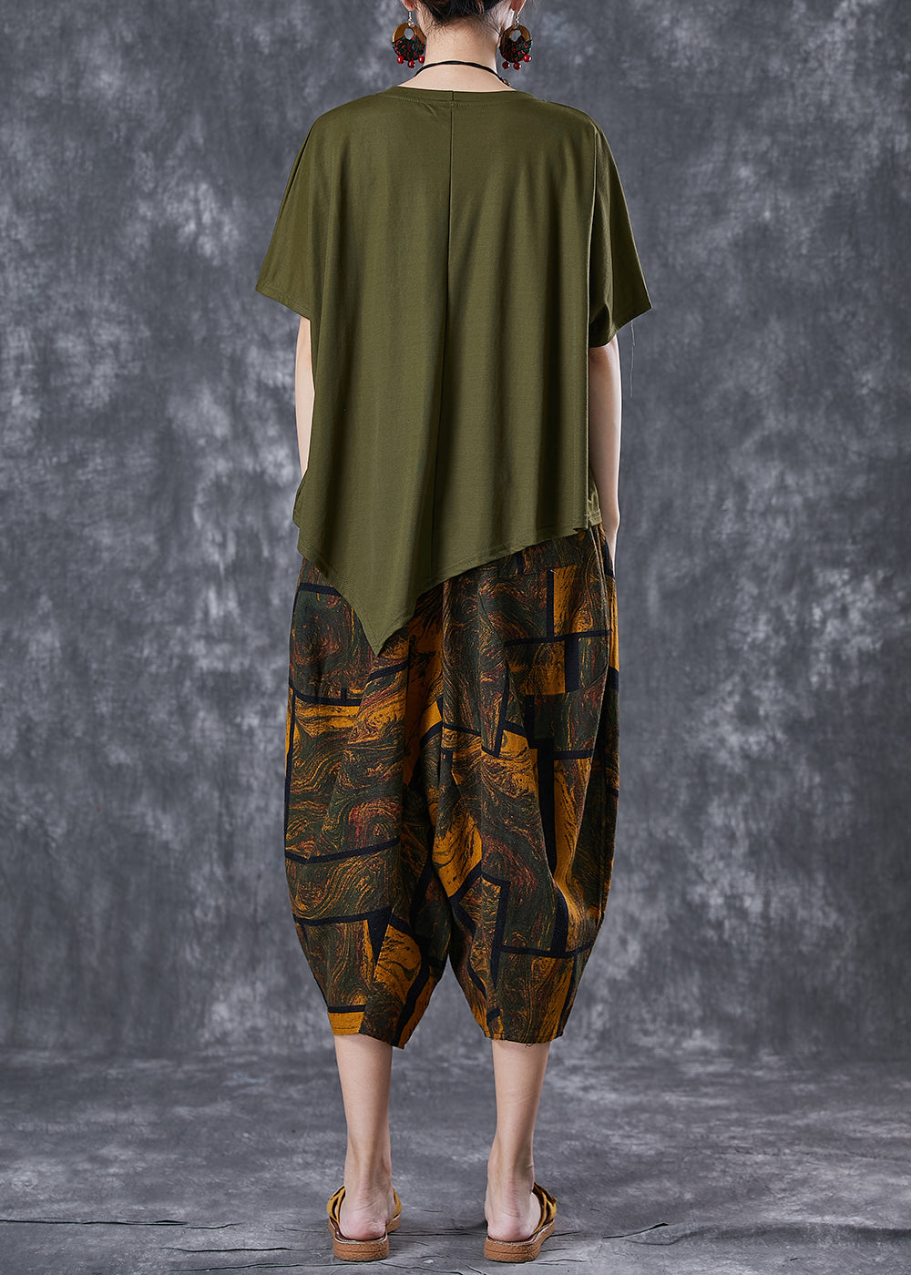 Army Green Asymmetrical Print Cotton Two Pieces Set Summer