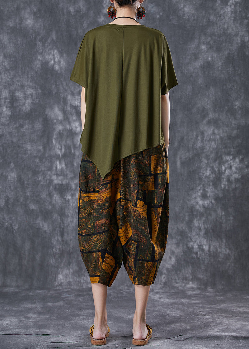 Army Green Asymmetrical Print Cotton Two Pieces Set Summer