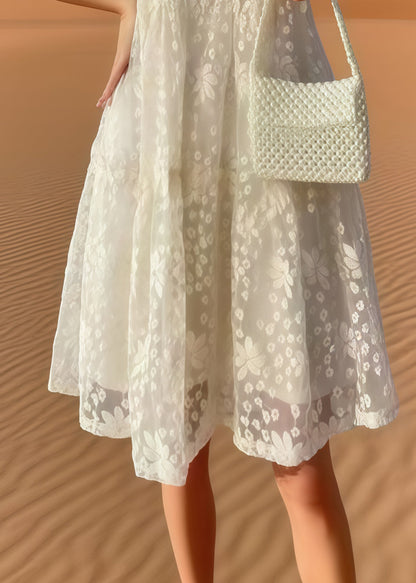 Beige Embroidered Tulle Holiday Dress Summer