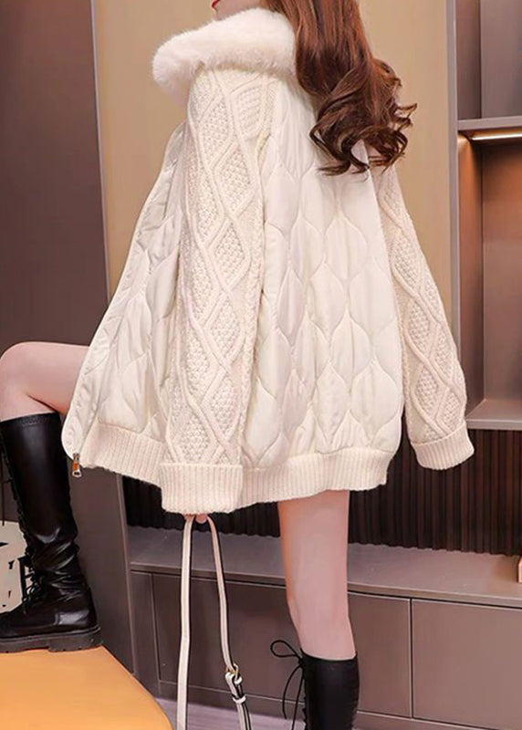 Beige Fur Collar Knit Patchwork Parka Winter