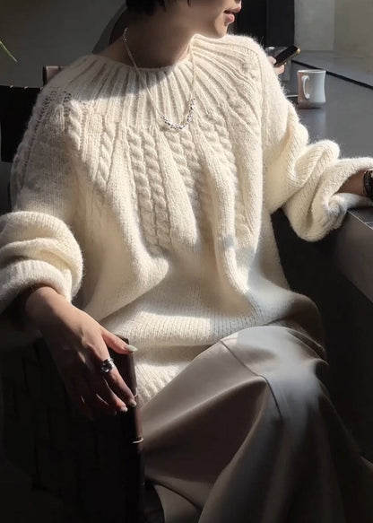 Beige O Neck Thick Cozy Cable Knit Sweater Winter