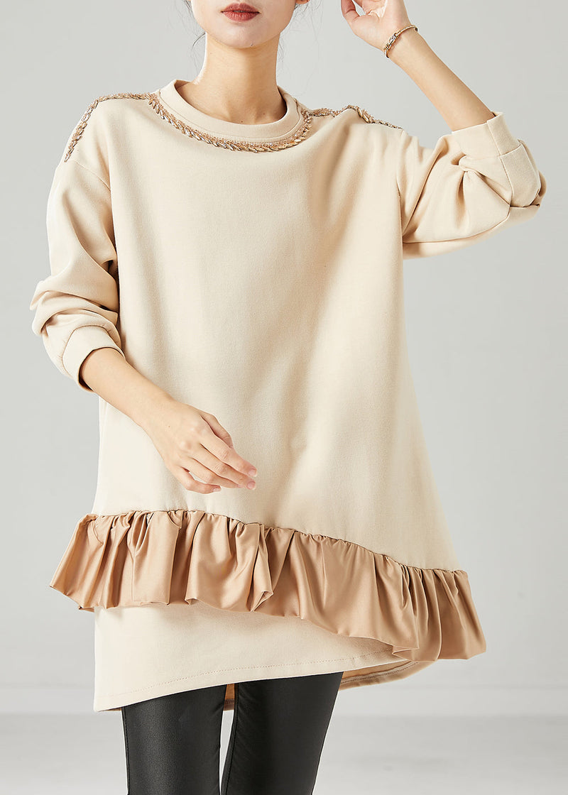 Beige Oversized Patchwork Ruffles Cotton Mid Dress Fall