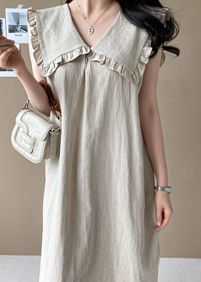 Beige Oversized Ruffled Side Open Linen Maxi Dress Sleeveless