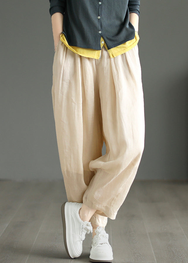 Beige Pockets Wrinkled Linen Pants Summer