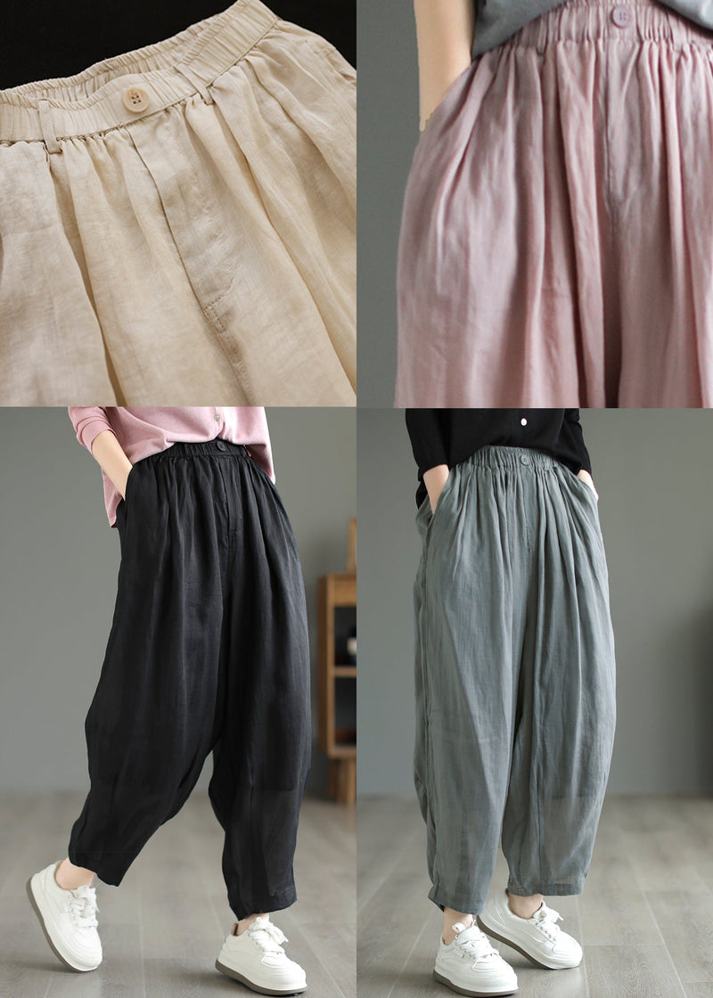Beige Pockets Wrinkled Linen Pants Summer