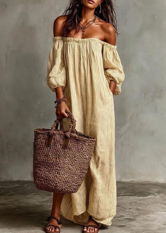 Beige Slash Neck Striped Cotton Ankle Dress Summer