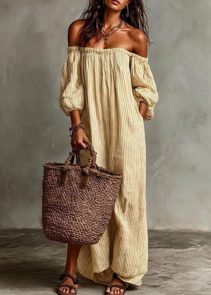 Beige Slash Neck Striped Cotton Ankle Dress Summer