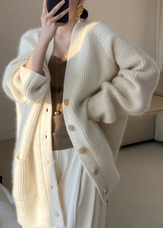 Beige V Neck Button Pockets Cotton Knit Coats Fall