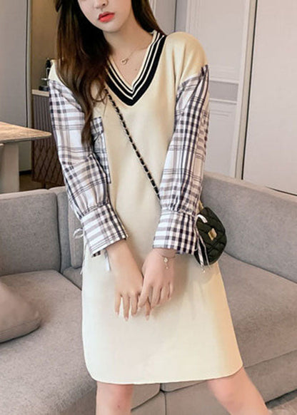 Beige V Neck Plaid Patchwork Knit Knit Dress Winter