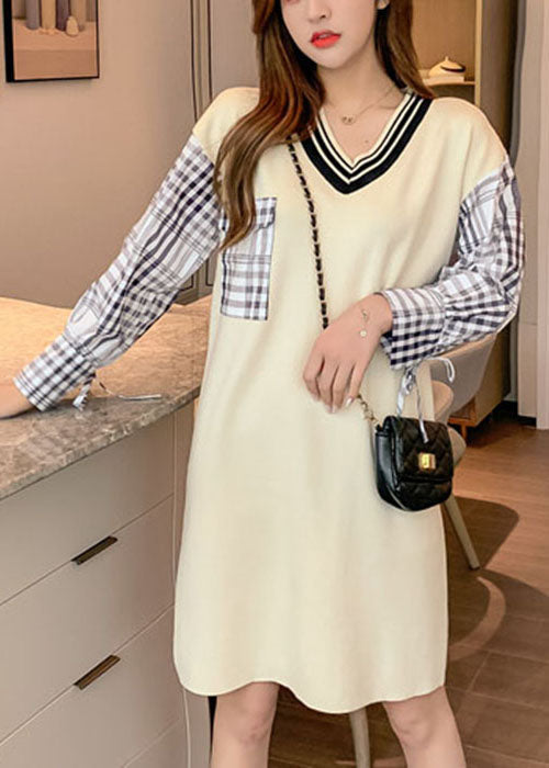 Beige V Neck Plaid Patchwork Knit Knit Dress Winter