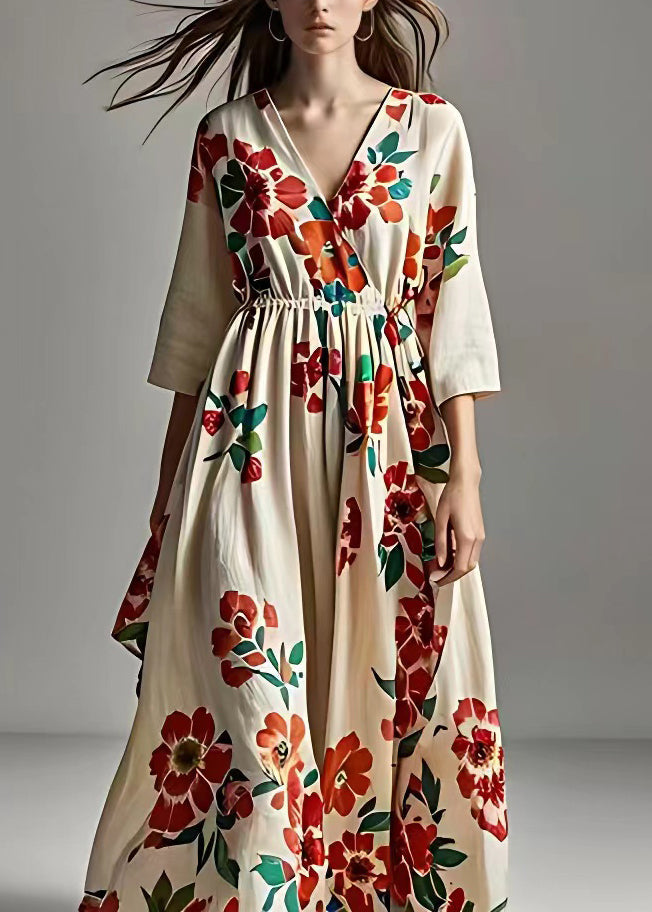 Beige V Neck Print Cotton Long Dresses Bracelet Sleeve