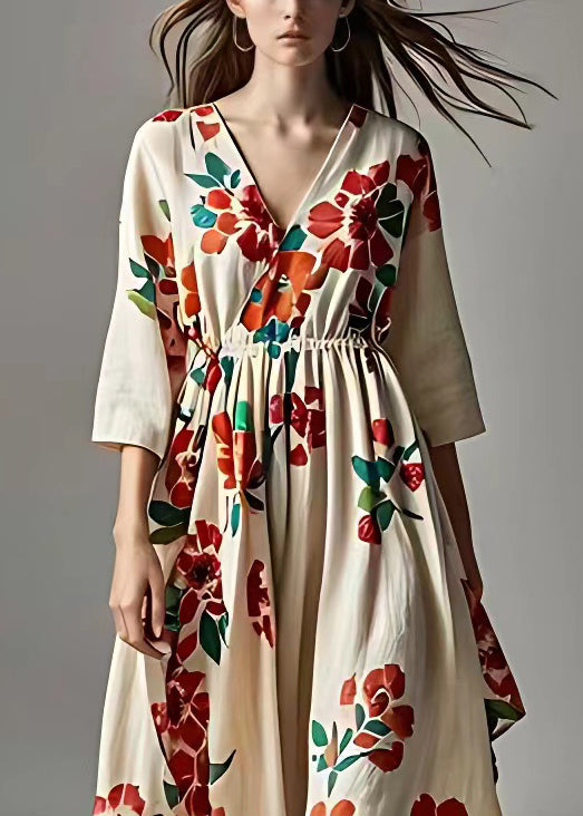 Beige V Neck Print Cotton Long Dresses Bracelet Sleeve