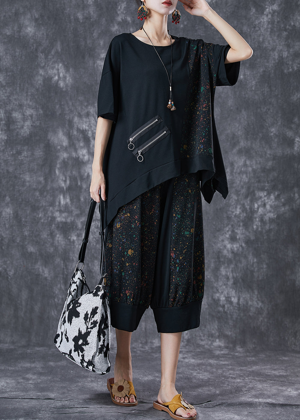 Black Asymmetrical Patchwork Cotton Two Piece Set Outfits Summer