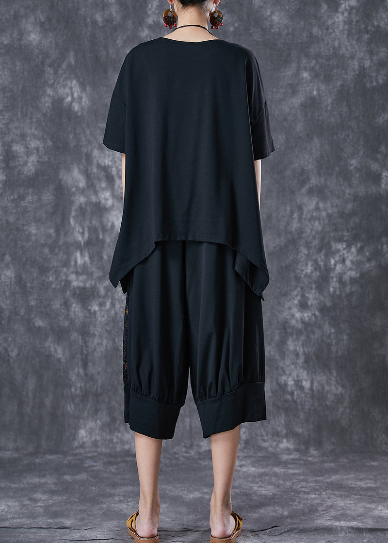 Black Asymmetrical Patchwork Cotton Two Piece Set Outfits Summer