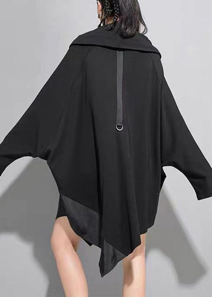 Black Asymmetrical Zippered Patchwork Cotton Mid Dress Batwing Sleeve