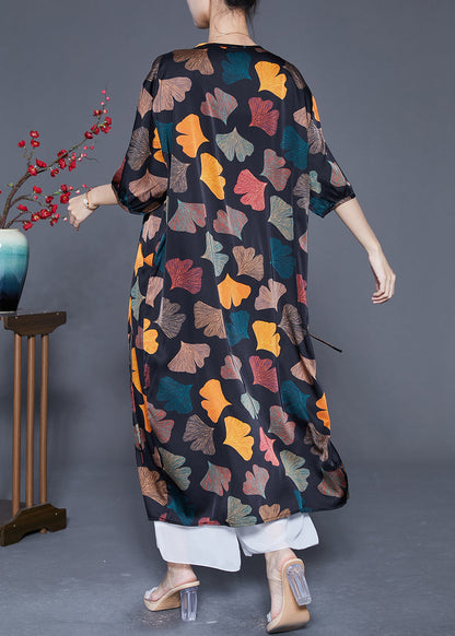 Black Cinched Leaf Print Silk Long Dress Summer