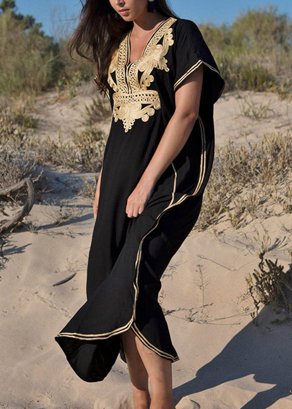 Black Embroidered Kaftan Tunic Maxi Beach Dress Short Sleeve
