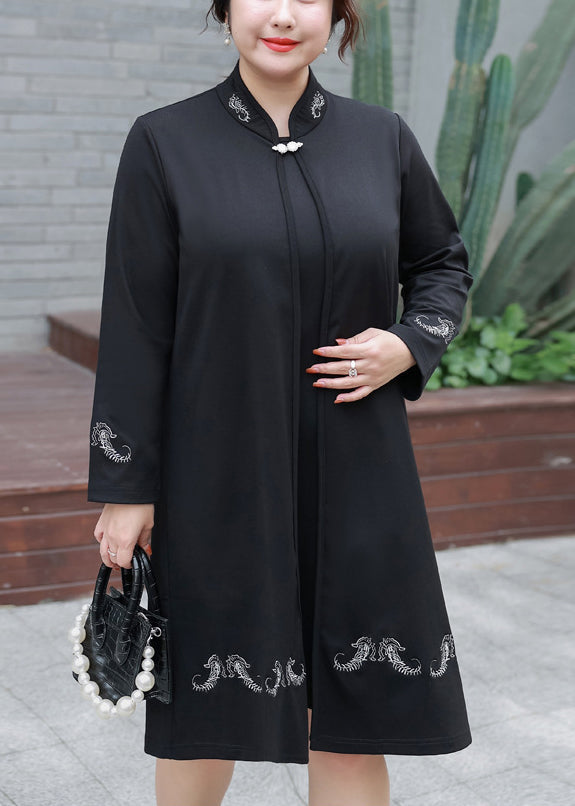 Black Embroideried False Two Pieces Cotton Mid Dresses Fall