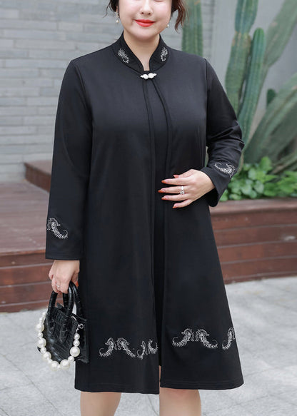Black Embroideried False Two Pieces Cotton Mid Dresses Fall
