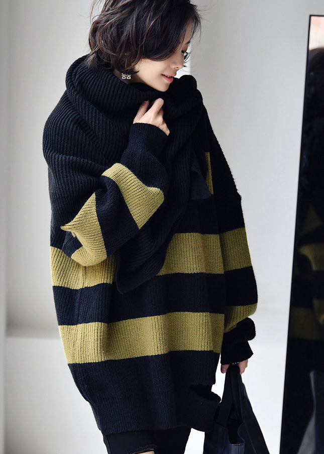 Black Green Colour O-neck Striped Patchwork Cotton Knit Sweaters Fall