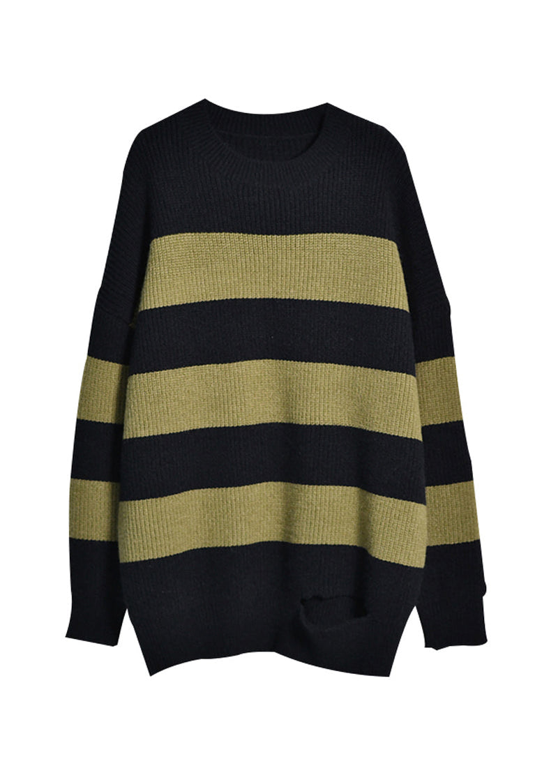 Black Green Colour O-neck Striped Patchwork Cotton Knit Sweaters Fall