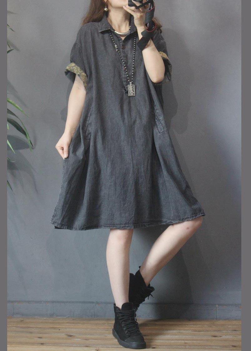 Black Grey Turn-down Collar Button Summer Maxi Dresses