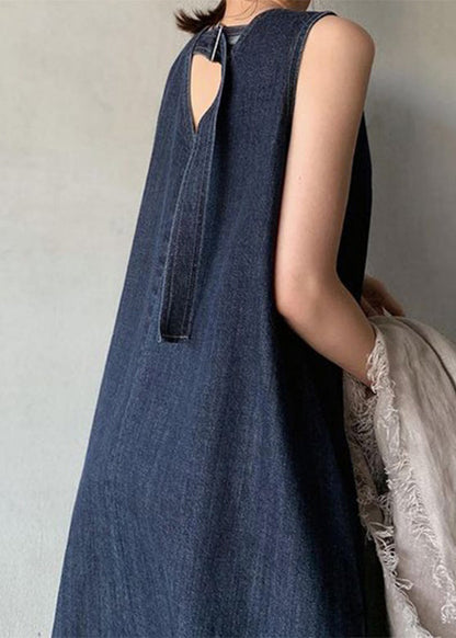 Black Necek Tie Patchwork Holiday Maxi Denim Dress Sleeveless
