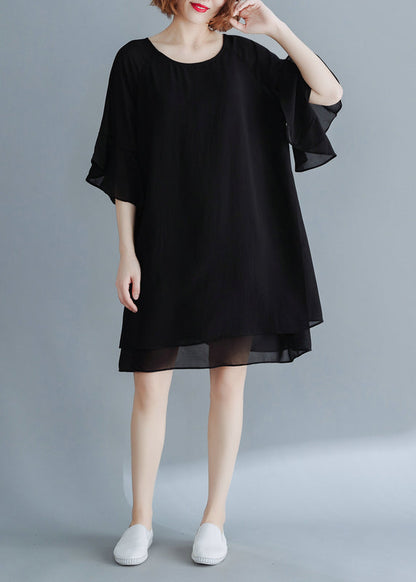 Black O-neck Chiffon Holiday Dresses Flare Sleeve
