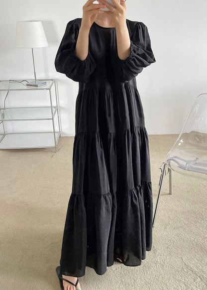 Black O-neck Patchwork Backless Cotton Maxi Dress Bracelet Sleeve