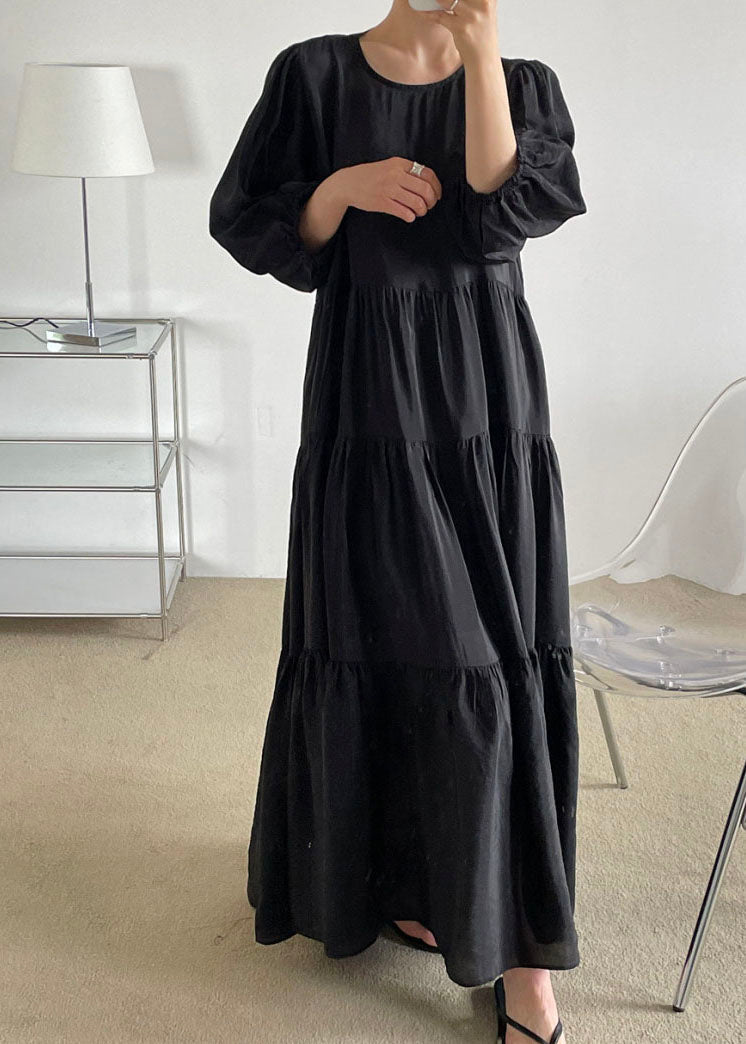 Black O-neck Patchwork Backless Cotton Maxi Dress Bracelet Sleeve