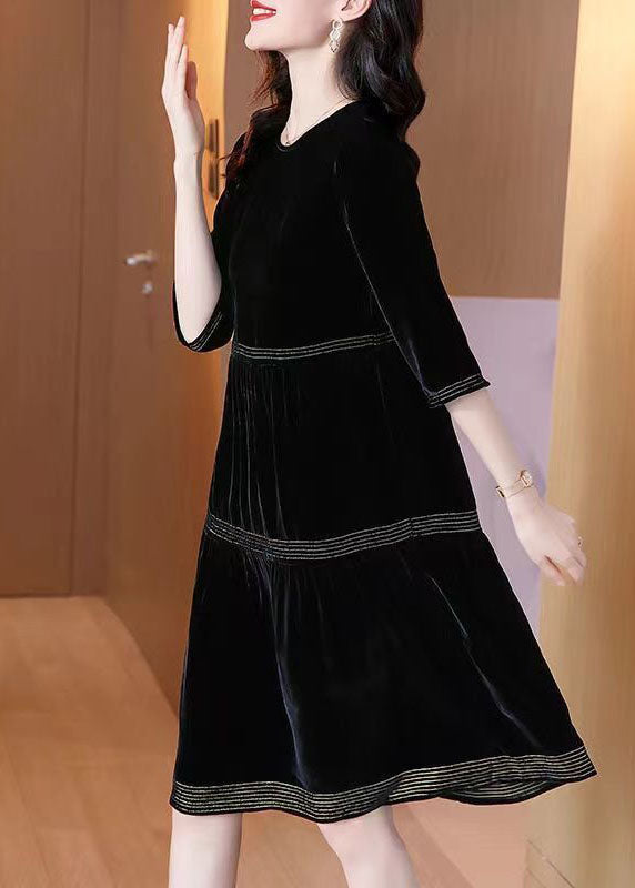 Black O-neck Patchwork Silk Velour Dresses Half Sleeve