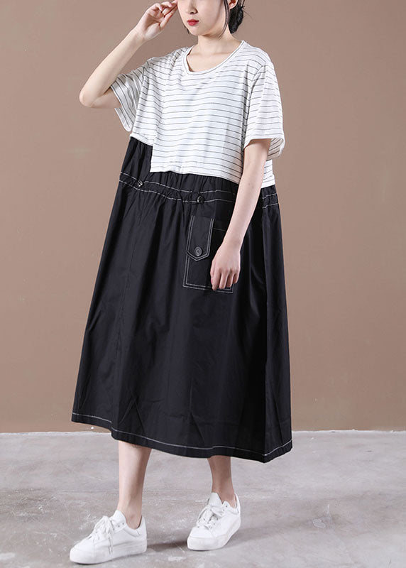 Black O-neck Patchwork Striped Cotton Long Dress Short Sleeve
