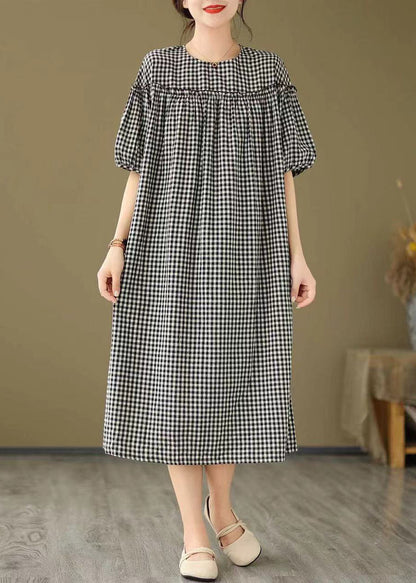 Black O Neck Plaid Ruffled Patchwork Cotton Dress Summer