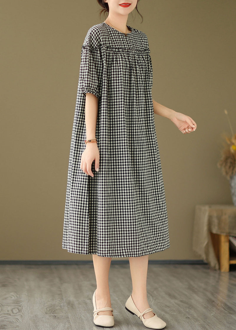 Black O Neck Plaid Ruffled Patchwork Cotton Dress Summer