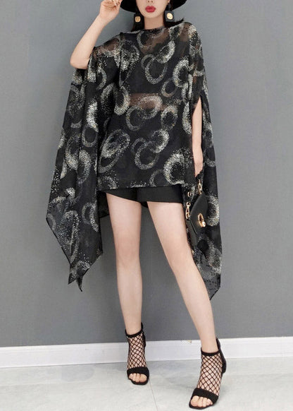 Black O-neck Print Chiffon Dress Batwing Sleeve