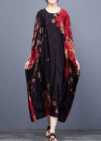 Black O-neck Print Chiffon Vacation Dresses Batwing Sleeve