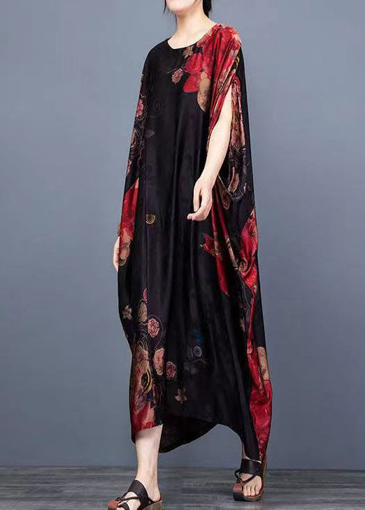 Black O-neck Print Chiffon Vacation Dresses Batwing Sleeve