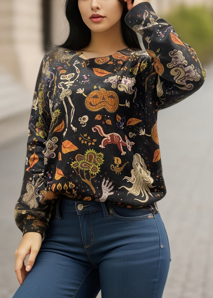 Black O-neck Print Knitting Cotton Sweaters Fall