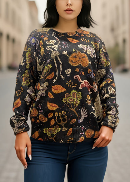 Black O-neck Print Knitting Cotton Sweaters Fall