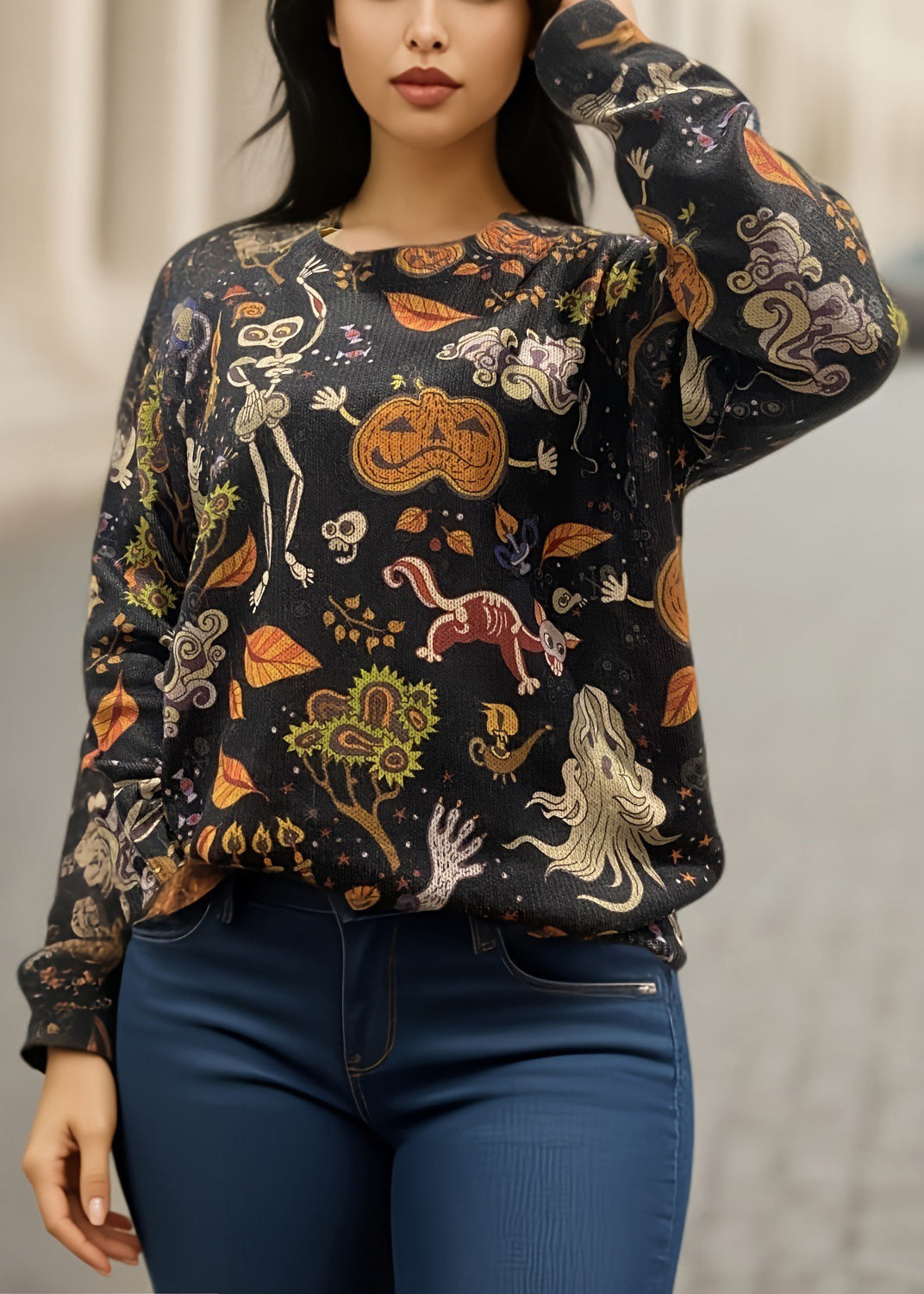 Black O-neck Print Knitting Cotton Sweaters Fall