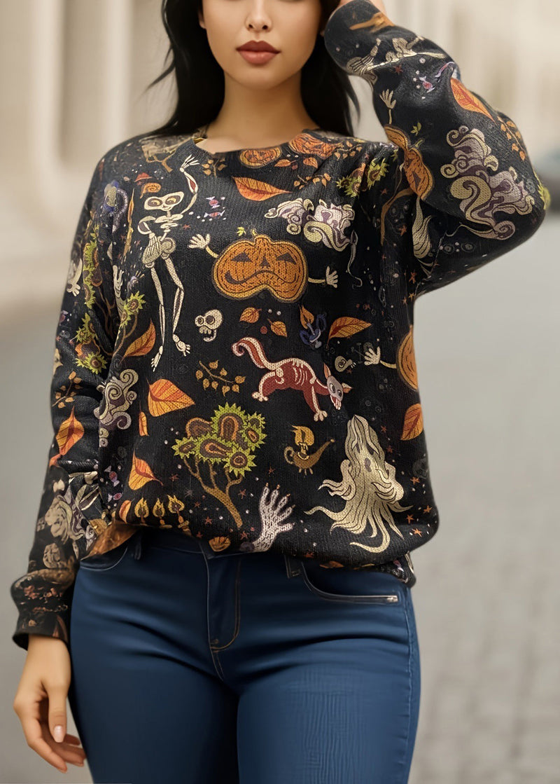 Black O-neck Print Knitting Cotton Sweaters Fall
