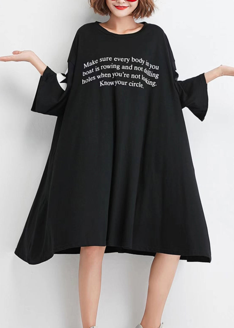 Black O Neck Print Patchwork Cotton Dresses Half Sleeve