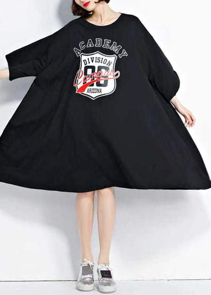 Black O Neck Print Patchwork Cotton Mid Dress Summer