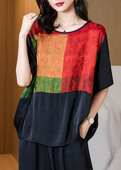 Black O Neck Print Patchwork Silk T Shirt Tops Half Sleeve