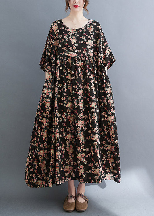 Black O-neck Print Pockets Extra Large Hem Long Dress Summer