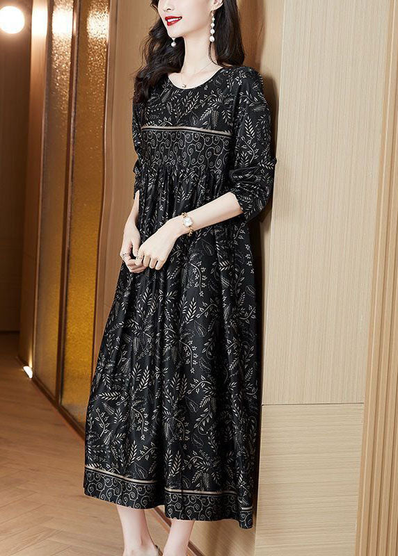Black O-neck Print Silk Robe Dresses Spring