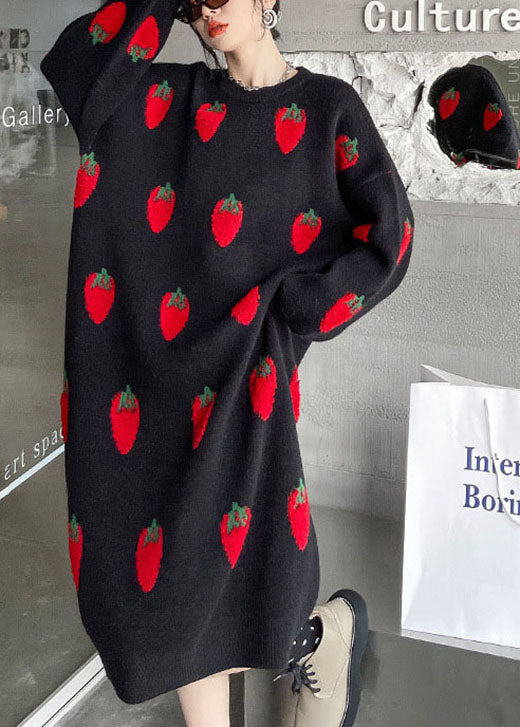 Black O-neck Print Cozy Winter Knit Dress