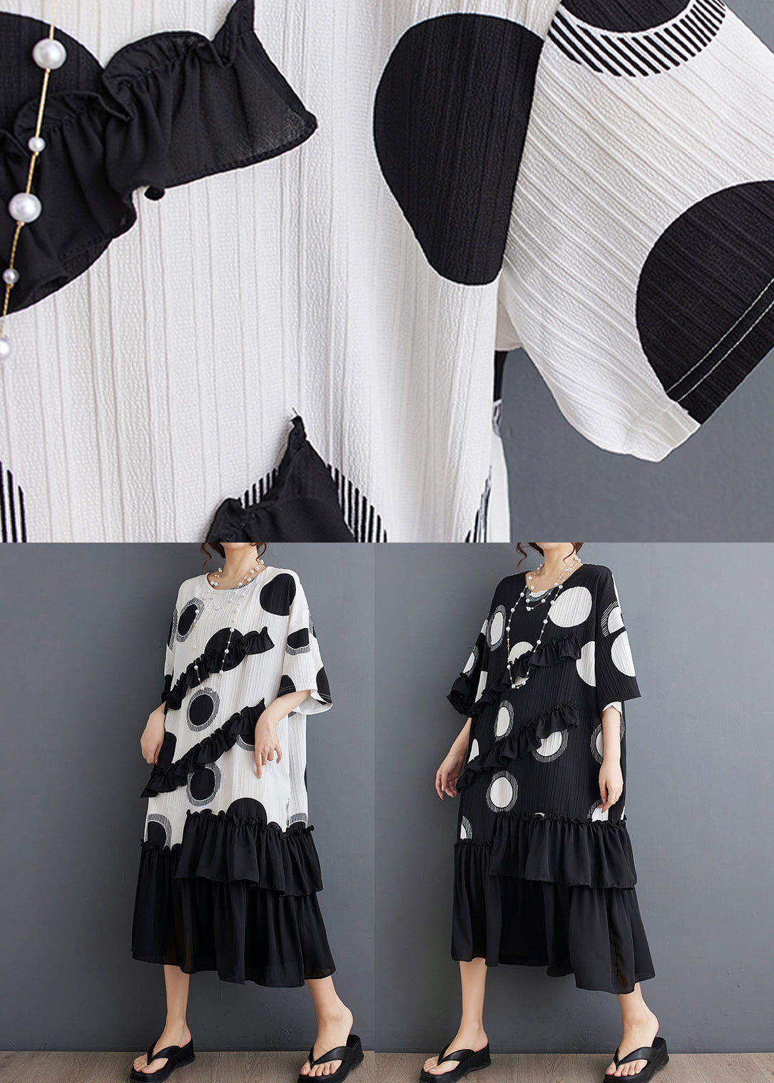 Black O Neck Ruffled Patchwork Chiffon Dress Summer