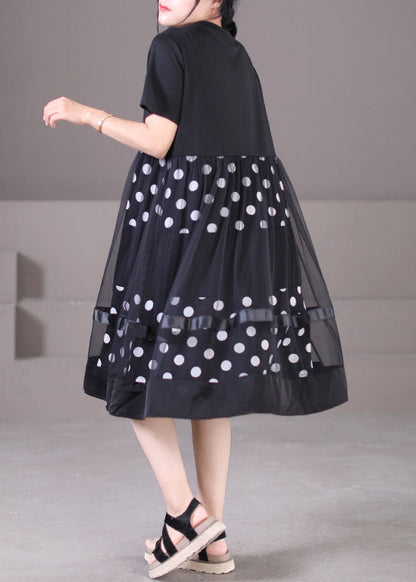 Black O-neck Tulle Patchwork Dot Print Cotton Maxi Dress Short Sleeve