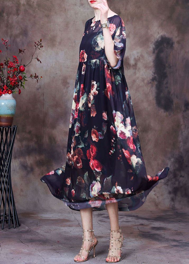 Black O-neck Wrinkled Print Chiffon Beach Dress Two Pieces Set Summer